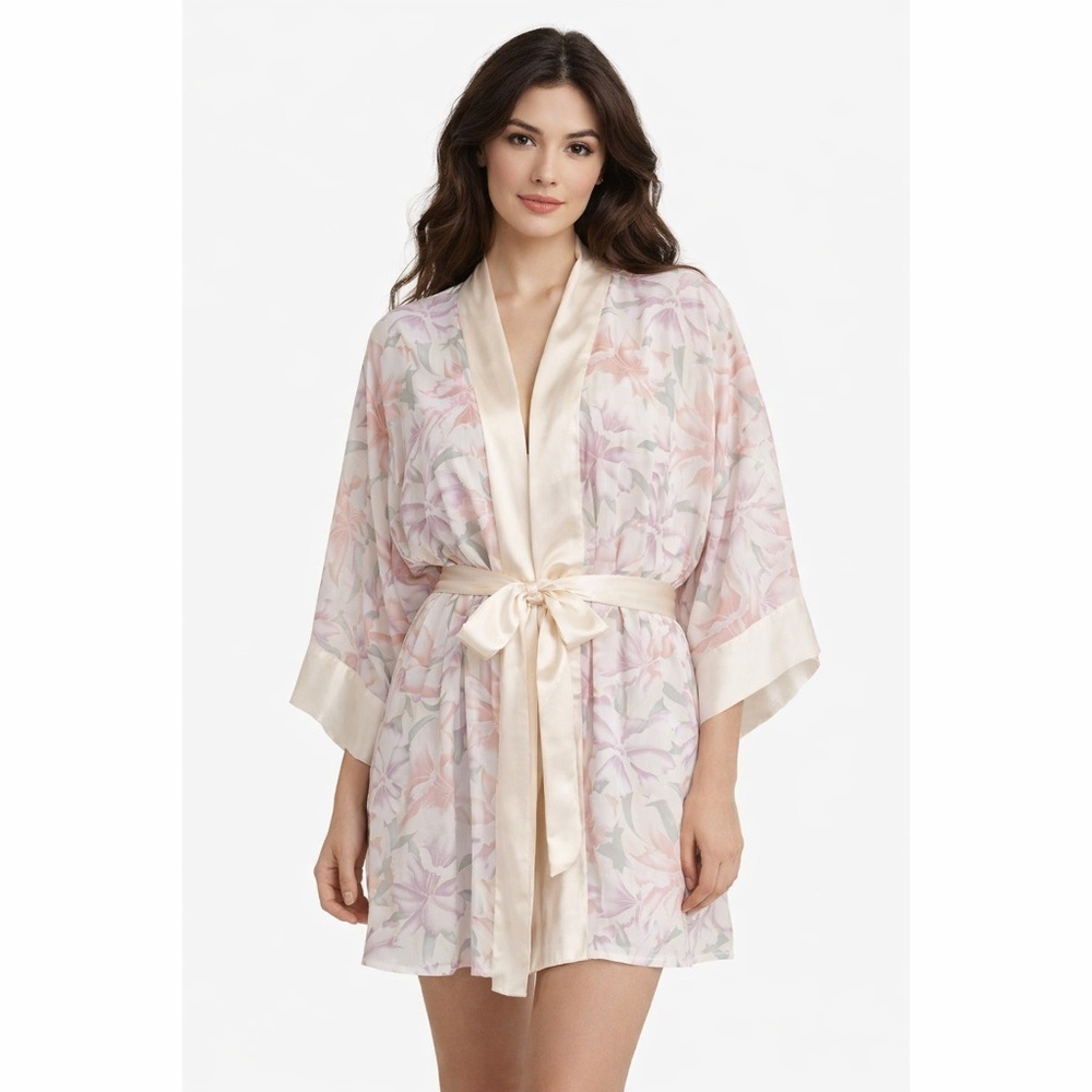 VS VTG Gold Label Pastel Floral Semi Sheer Belted Satin Kimono Hip Pockets Robe